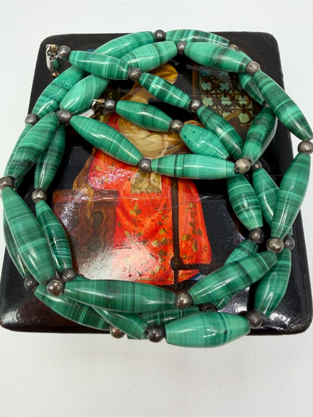 Genuine Malachite Sterling Silver Beaded Long Necklace Green Gemstone Vintage
